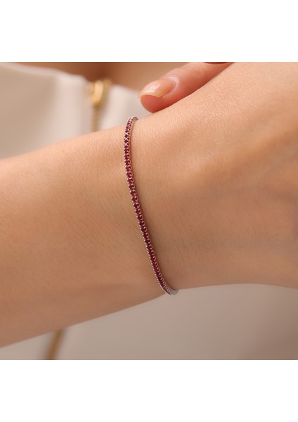 925 Ayar Gümüş Kırmızı Renk Zirkon Taşlı Rodyumlu Ayarlanabilir Şık Suyolu Bileklik