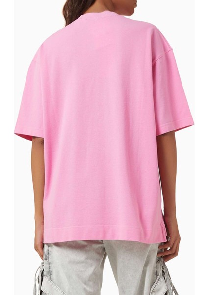 Pamuk Tişört - Pembe - 100% Pamuk - 3D Logo Nakışlı - Vintage Finish - Rahat Kesim modelleri