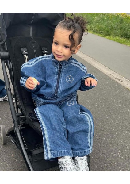 Unisex Çocuk Pamuklu Mavi Jean Sweatshirt ve Pantolon Takım - Yan Şeritli modelleri