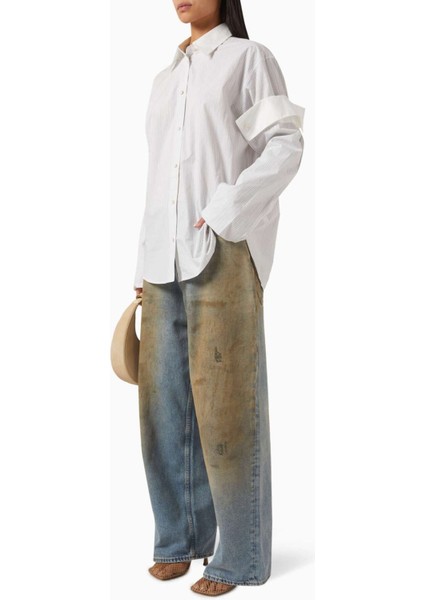 Beyaz Katmanlı Gömlek - %100 Pamuk - Modern Çizgili Desen ve Logolu Nakış fiyatları