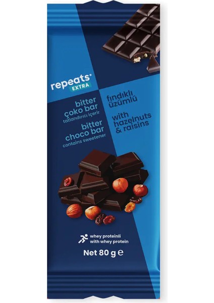 Extra Proteinli Üzümlü Fındıklı Bitter Çoko Bar 80GR