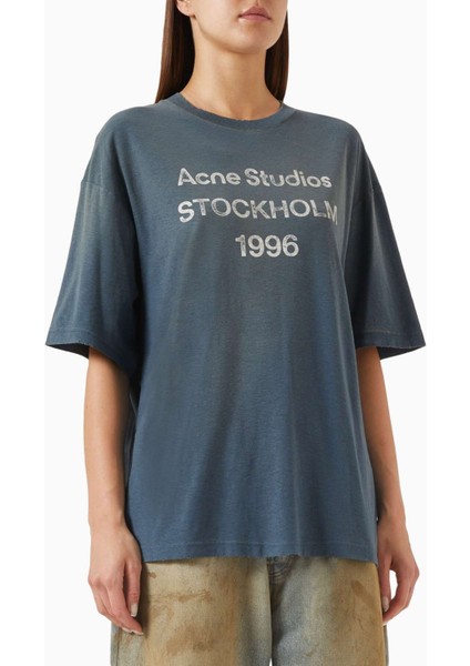 1996 Logo Baskılı Tişört - Mavi - Pamuk Karışımı %85 Pamuk, %15 Kenevir