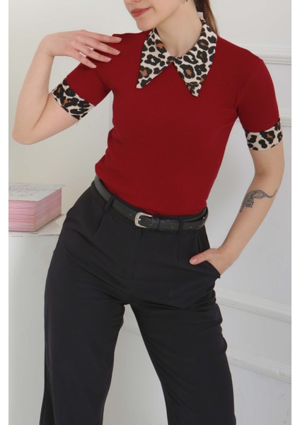 Leopar Yakalı Crop Bordo - 27136