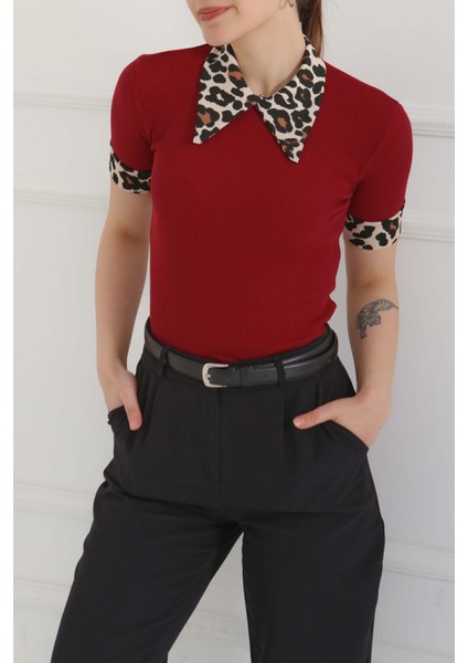 Leopar Yakalı Crop Bordo - 27136 fiyatları