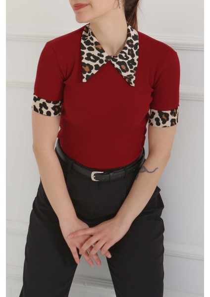 Leopar Yakalı Crop Bordo - 27136 modelleri