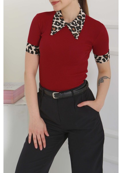 Leopar Yakalı Crop Bordo - 27136 fırsatları