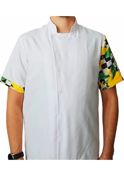 Aşçı Ceketi Desenli Unisex Çıtçıtlı Kısa Kollu Yazlık Chef Aşçı Mutfak Ceket Limon Desenli