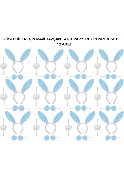 Mavi Tavşan Kostüm Seti – Taç, Papyon, Ponpon (12’li Paket)