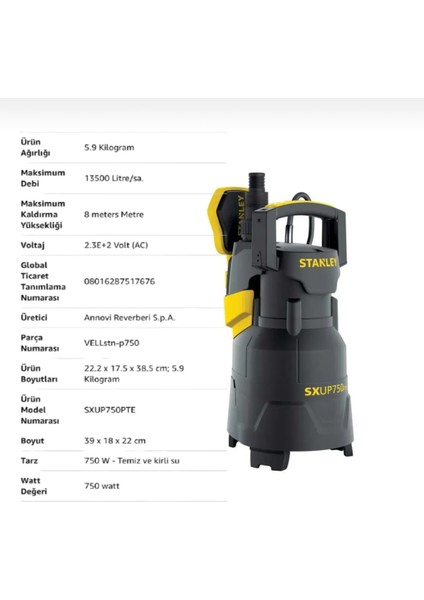 SXUP750PTE Kirli Su Dalgıç Pompa 750 Watt fiyatları