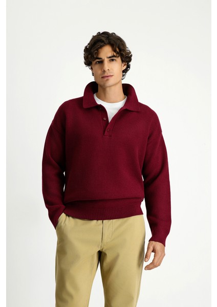 Polo Yaka Oversize Ekstra Rahat Kesim Desenli Triko Kazak