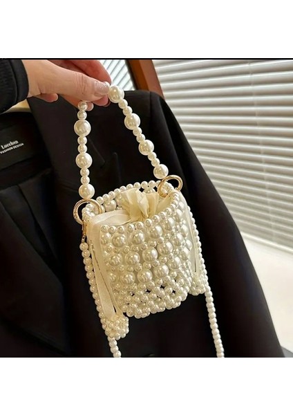 El Örmesi - İnci Parıltısıyla Mini Silindir Kova El Çantası- Günlük ,Özel Gün (Nikah,Düğün)