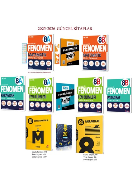 8 Matematik A-B+8 Fen Bilimleri A-B+8 Paragraf B Soru Bankaları+Hız Matematik+Paragraf Seti