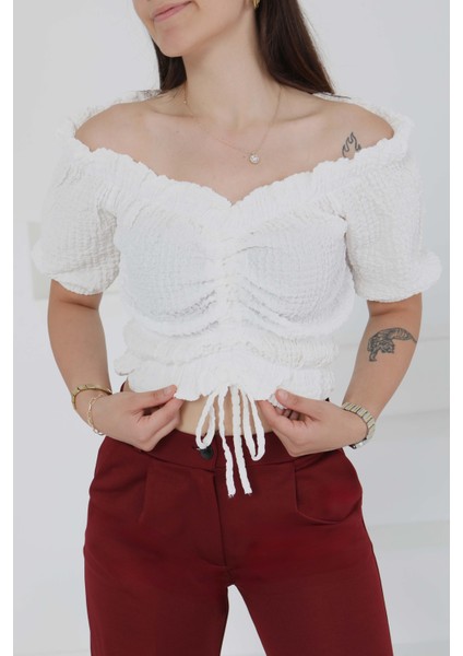 Buffle Büzgülü Crop Beyaz - 27485