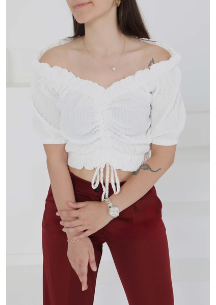 Buffle Büzgülü Crop Beyaz - 27485 fiyatları