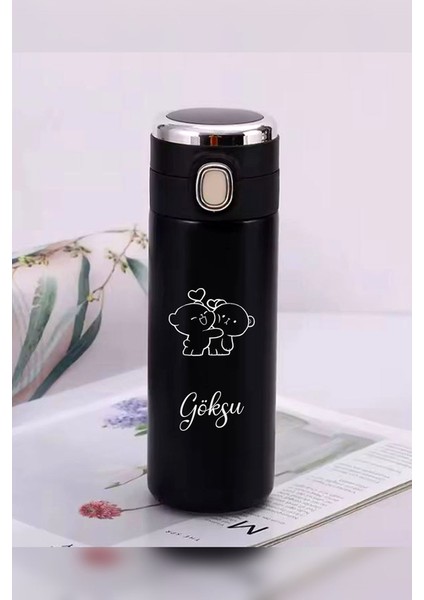 Kişiye Özel 450 ml Dijital Isı Göstergeli Kilitli Kapaklı Paslanmaz Çelik Termos Ayıcık Baskılı