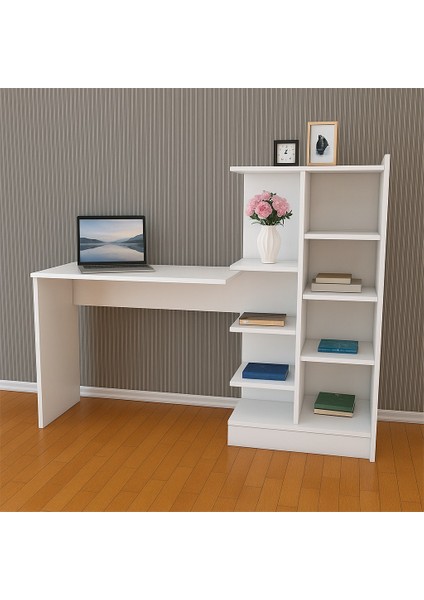 Modern Mdf Beyaz Kitaplıklı Çalışma Masası