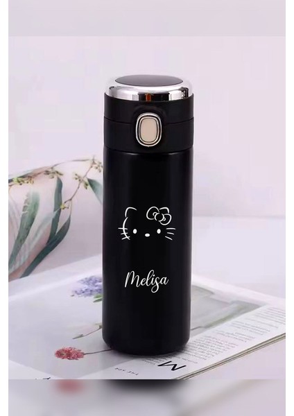 Kişiye Özel 450 ml Dijital Isı Göstergeli Kilitli Kapaklı Paslanmaz Çelik Hello Kitty Baskılı Termos