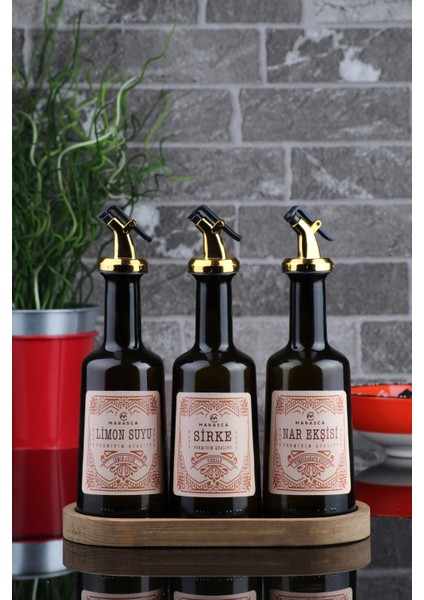 Ahşap Stantlı Gold Başlıklı 3'lü 250 ml Sirke | Nar Ekşisi ve Limon Suyu Sosluk Seti Cam Yağdanlık