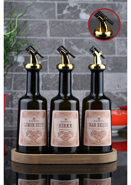 Ahşap Stantlı Gold Başlıklı 3'lü 250 ml Sirke | Nar Ekşisi ve Limon Suyu Sosluk Seti Cam Yağdanlık fiyatları