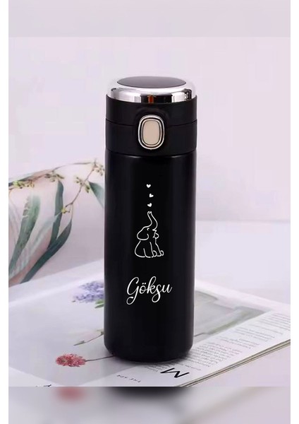 Kişiye Özel 450 ml Dijital Isı Göstergeli Kilitli Kapaklı Paslanmaz Çelik Fil Baskılı Termos