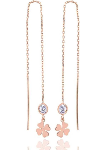 Zincirli Yonca Küpe - 925 Ayar Gümüş Üzeri Rose Kaplama