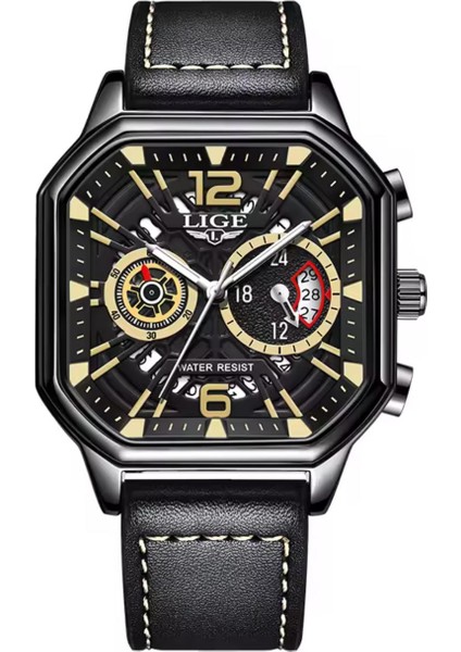 Lüks Deri Kordon Kare Tasarım 3 Atm Su Geçirmez Çok Fonksiyonlu Erkek Kol Saati