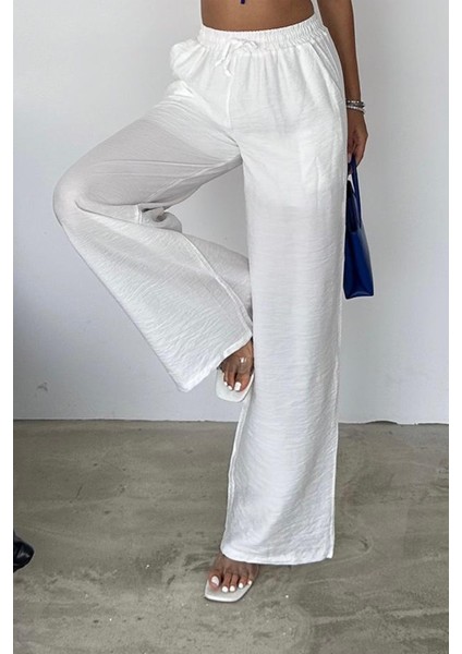 Kadın Beyaz Bol Paça Rahat Pantolon – Yazlık Elastik Bel Astarlı