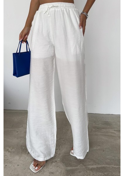Kadın Beyaz Bol Paça Rahat Pantolon – Yazlık Elastik Bel Astarlı fiyatları