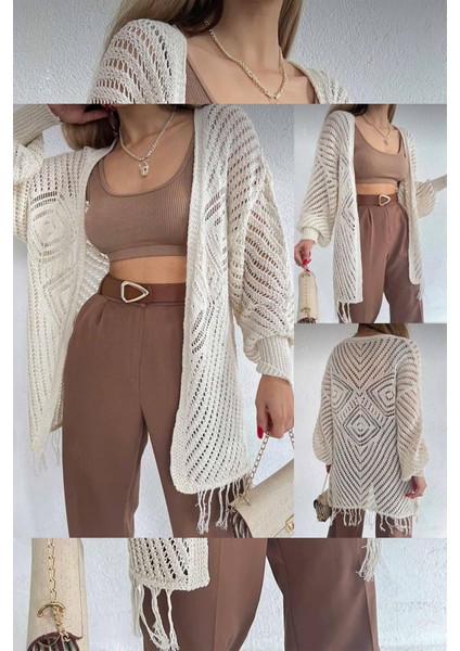 Kadın Beyaz Örgü Hırka – Püskül ve Elmas Desen Detaylı modelleri