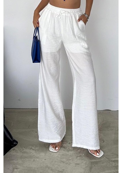 Kadın Beyaz Bol Paça Rahat Pantolon – Yazlık Elastik Bel Astarlı fırsatları