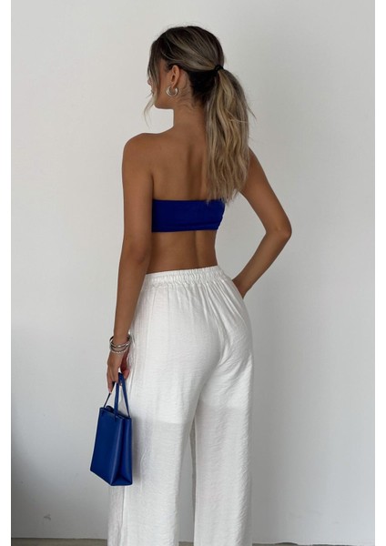 Kadın Beyaz Bol Paça Rahat Pantolon – Yazlık Elastik Bel Astarlı indirimleri