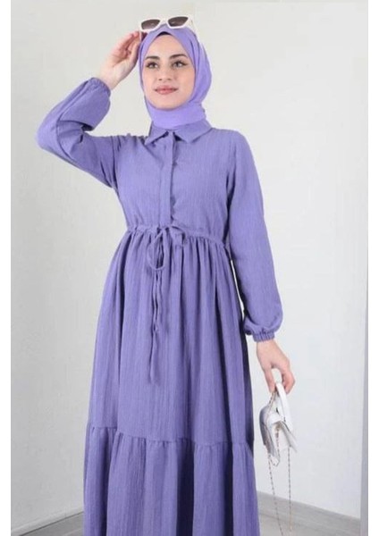 Kadın Tesettür Yarım Düğmeli, Belden Büzgülü Elbise