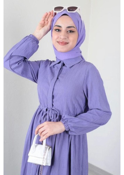 Kadın Tesettür Yarım Düğmeli, Belden Büzgülü Elbise fiyatları