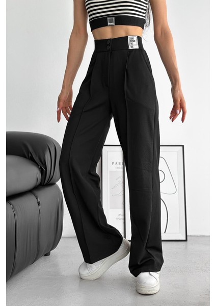 Kadın Yüksek Bel Siyah Pantolon – Mesaj Detaylı Sokak Stili