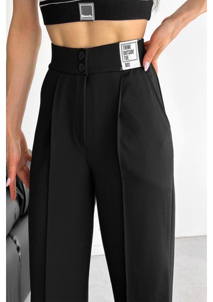 Kadın Yüksek Bel Siyah Pantolon – Mesaj Detaylı Sokak Stili fırsatları