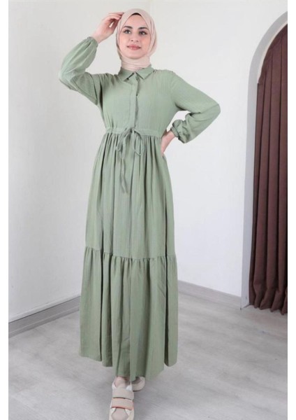 Kadın Tesettür Yarım Düğmeli, Belden Büzgülü Elbise