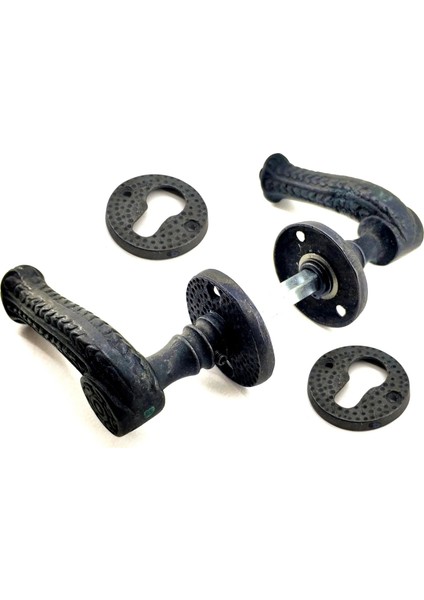 Antika Tarz Dekoratif Pirinç Rozetli Yale Oda Kapı Kolu - 49 Mm, Oksit