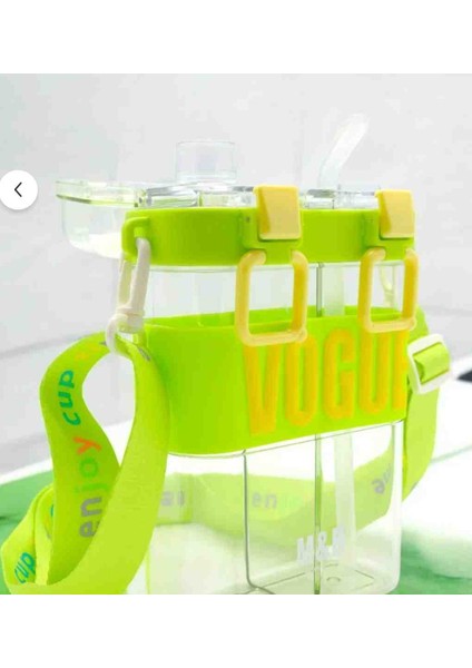 Water Bottle Çift Bölmeli Vogue Matara, Çift Kapaklı, Pipetli, Boyun Askılı Çocuk Okul Suluk