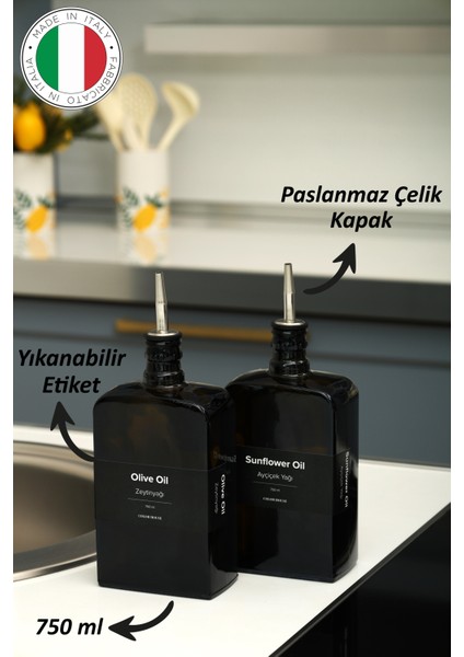 2'li 750 ml Yağdanlık Sosluk Sirkelik Zeytinyağı Şişesi Damlatmaz Kapak Siyah Koyu Cam-Siyah Etiket