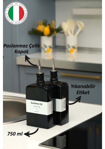 2'li 750 ml Yağdanlık Sosluk Sirkelik Zeytinyağı Şişesi Damlatmaz Kapak Siyah Koyu Cam-Beyaz Etiket