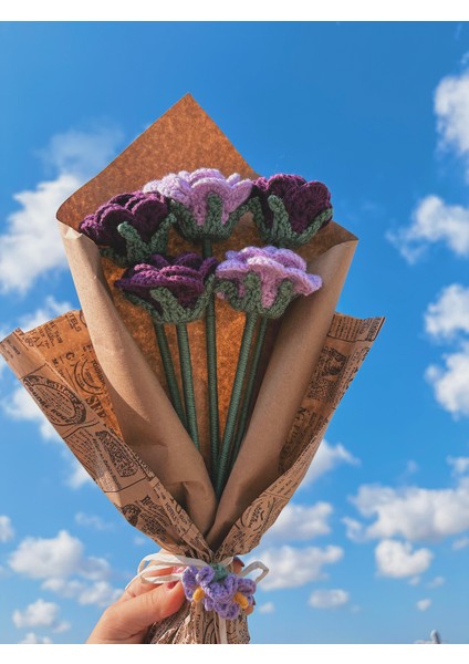 El Yapımı Örgü Gül Buketi – Pembe ve Açık Pembe Tığ Işi Çiçek Aranjmanı, Solmayan Kalıcı Hediye