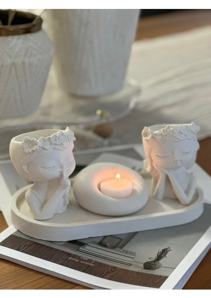 Dekoratif 2'li Kız Çocuk Figürlü Saksı Dekor Mumluk Set