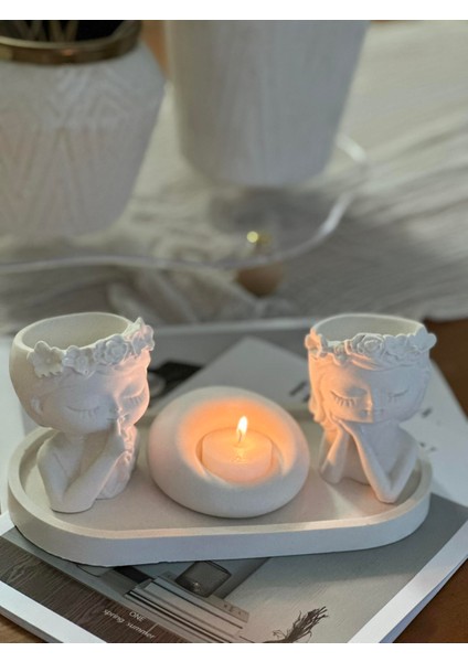 Dekoratif 2'li Kız Çocuk Figürlü Saksı Dekor Mumluk Set modelleri