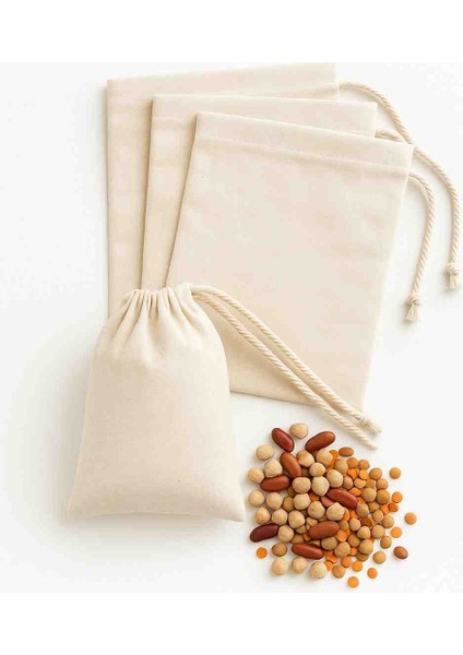 3 Adet Ham Bez Natural Büzgülü Bej renk 20×30 cm Bakliyat Kesesi, Bez Poşet -Çok Amaçlı Büzgülü Bez Poşet