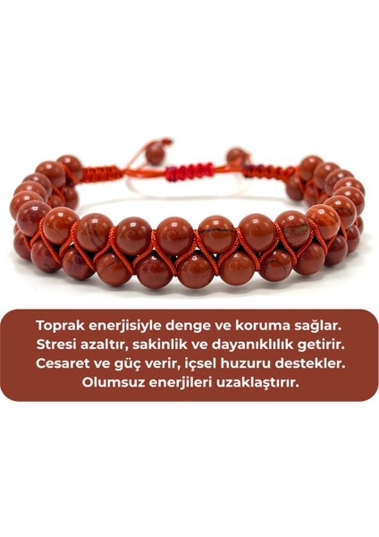 Sertifikalı Kırmızı Jasper Çift Sıra Doğal Taş Makrome Bileklik Ayarlanabilir Ölçü