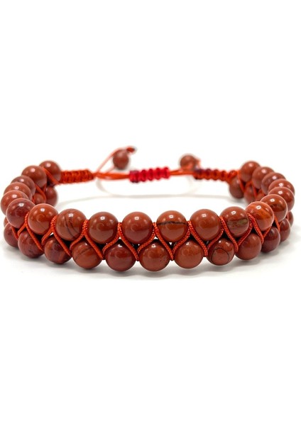 Sertifikalı Kırmızı Jasper Çift Sıra Doğal Taş Makrome Bileklik Ayarlanabilir Ölçü