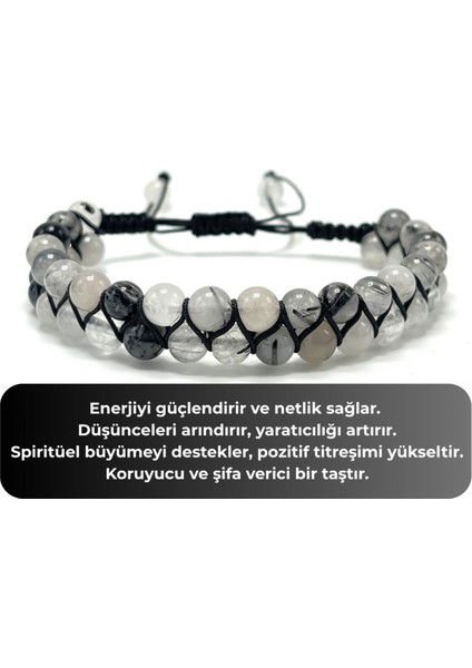 Sertifikalı Rutilli Kuvars Çift Sıra Doğal Taş Makrome Bileklik Ayarlanabilir Ölçü