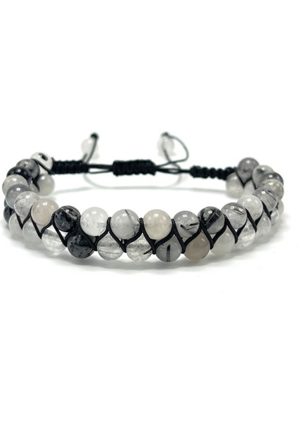 Sertifikalı Rutilli Kuvars Çift Sıra Doğal Taş Makrome Bileklik Ayarlanabilir Ölçü