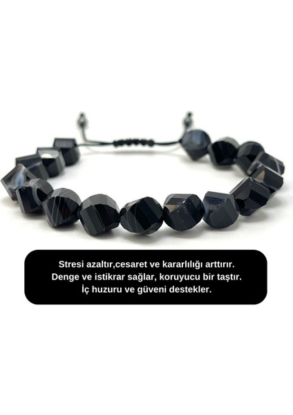 Sertifikalı Siyah Göz Akik Hexonal Kesim Makrome Doğal Taş Bileklik 8mm