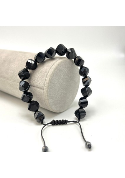 Sertifikalı Siyah Göz Akik Hexonal Kesim Makrome Doğal Taş Bileklik 8mm modelleri